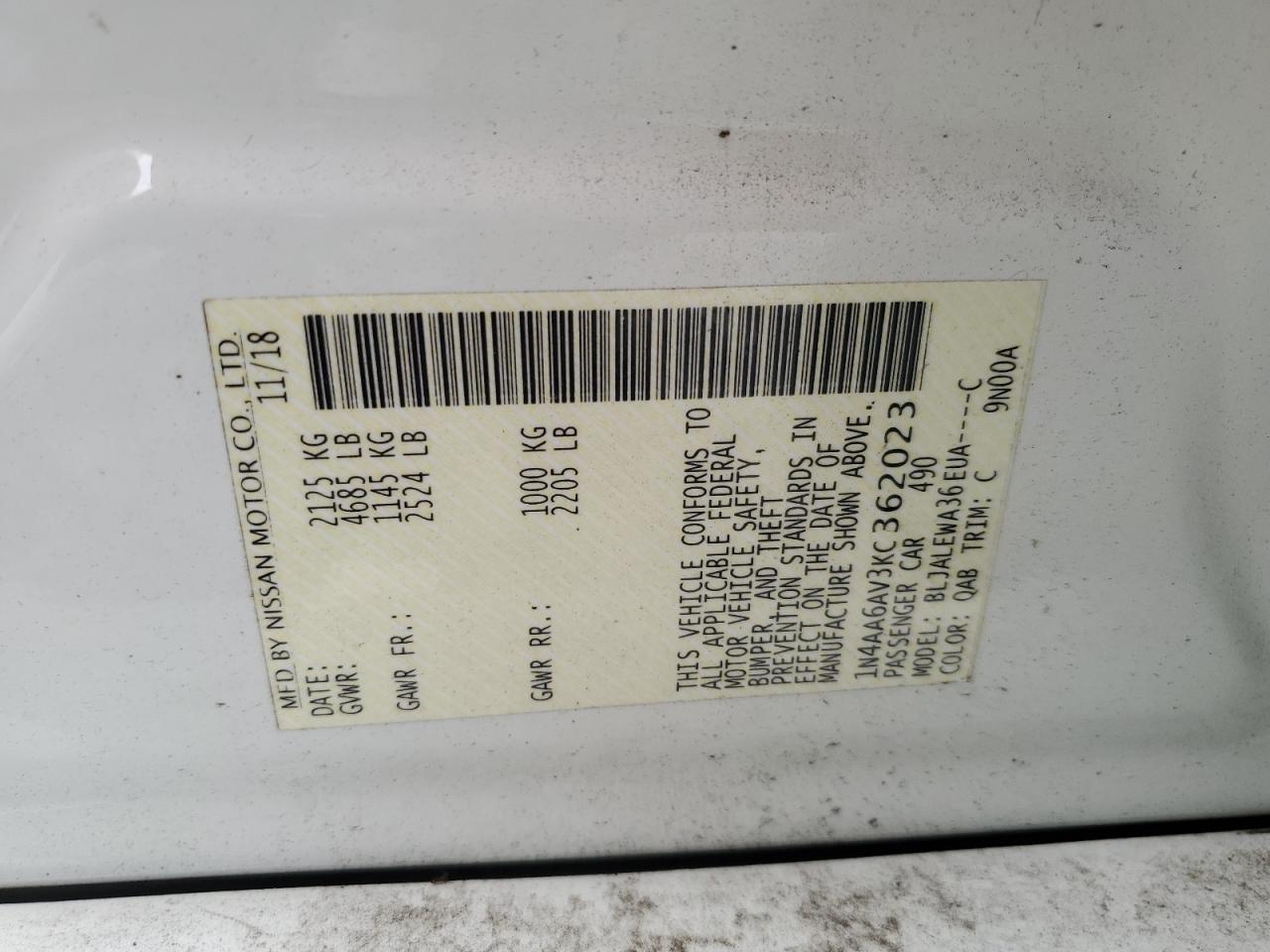 1N4AA6AV3KC362023 2019 Nissan Maxima S