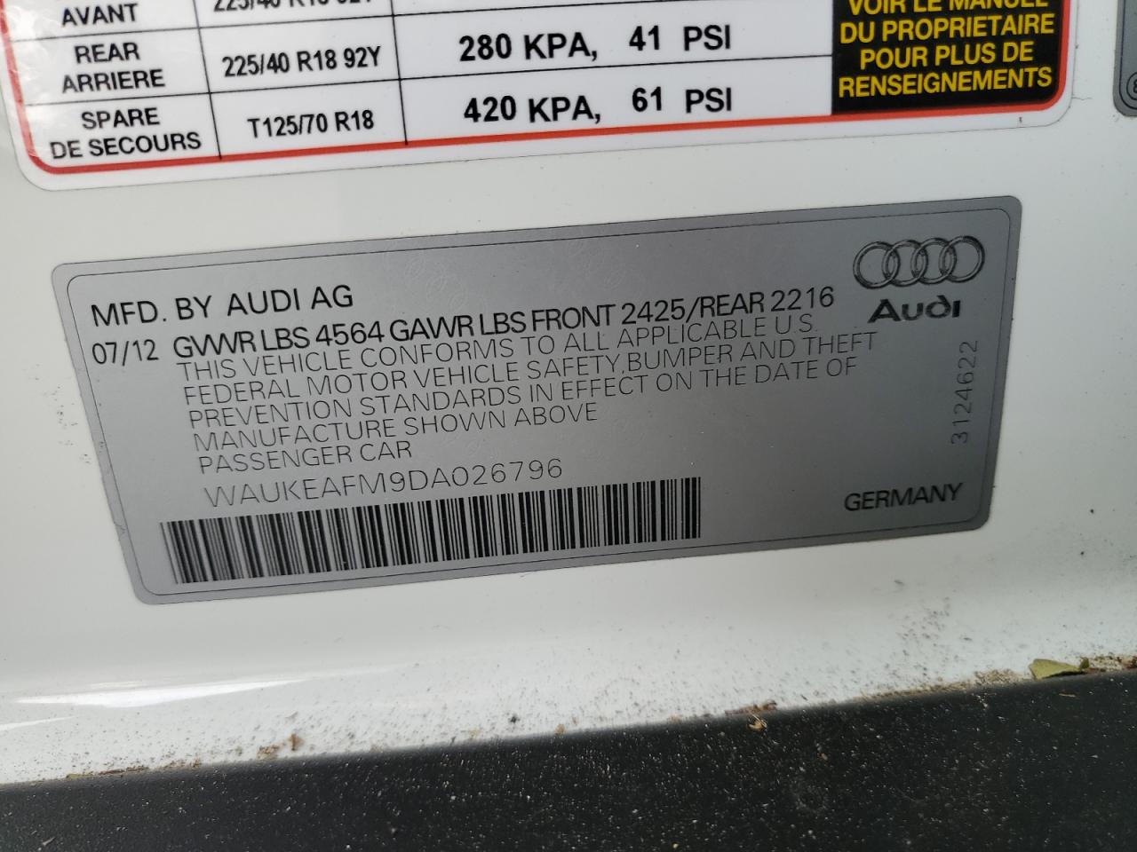 2013 Audi A3 Premium Plus VIN: WAUKEAFM9DA026796 Lot: 63490095