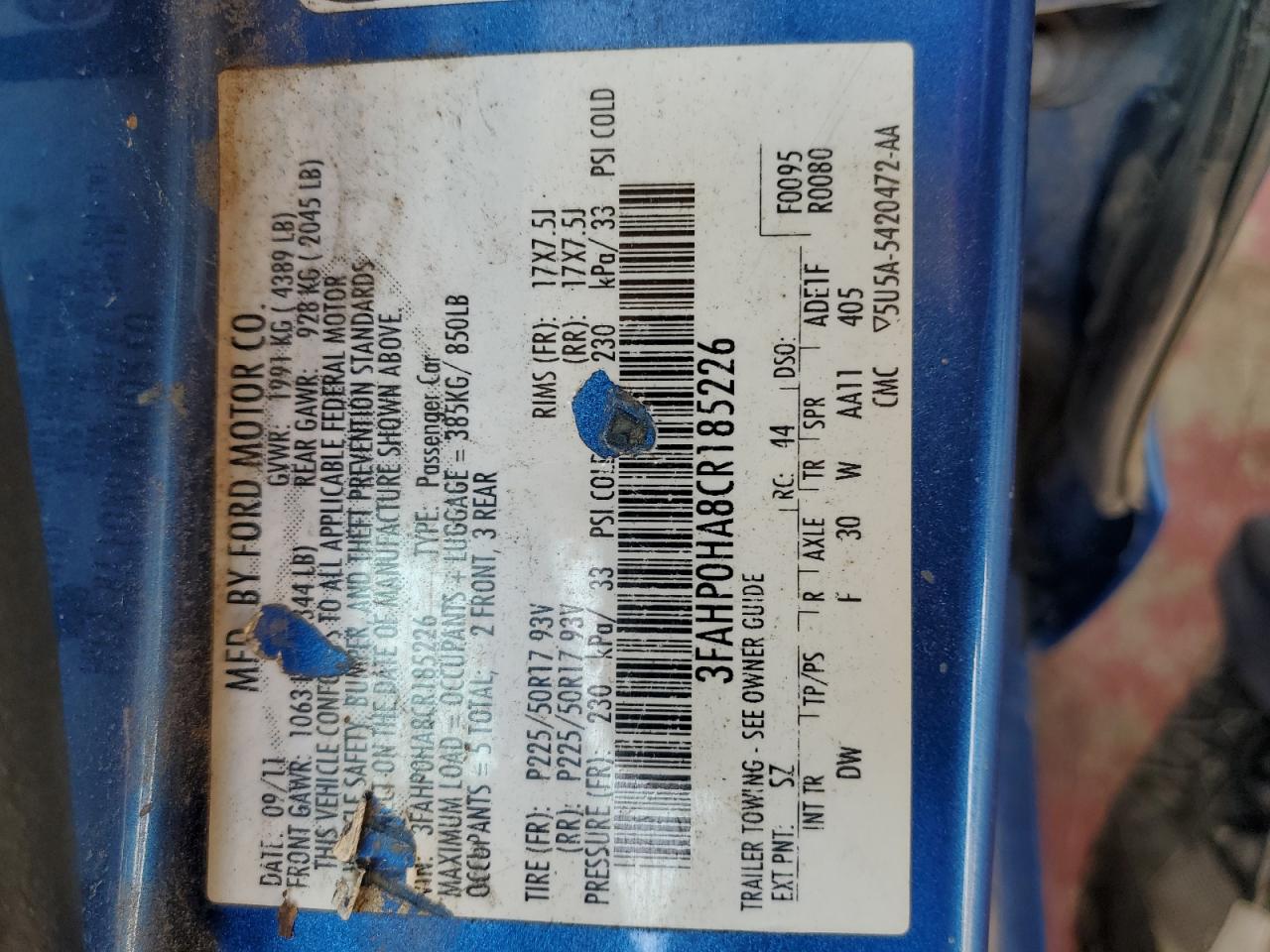 2012 Ford Fusion Se VIN: 3FAHP0HA8CR185226 Lot: 64385535