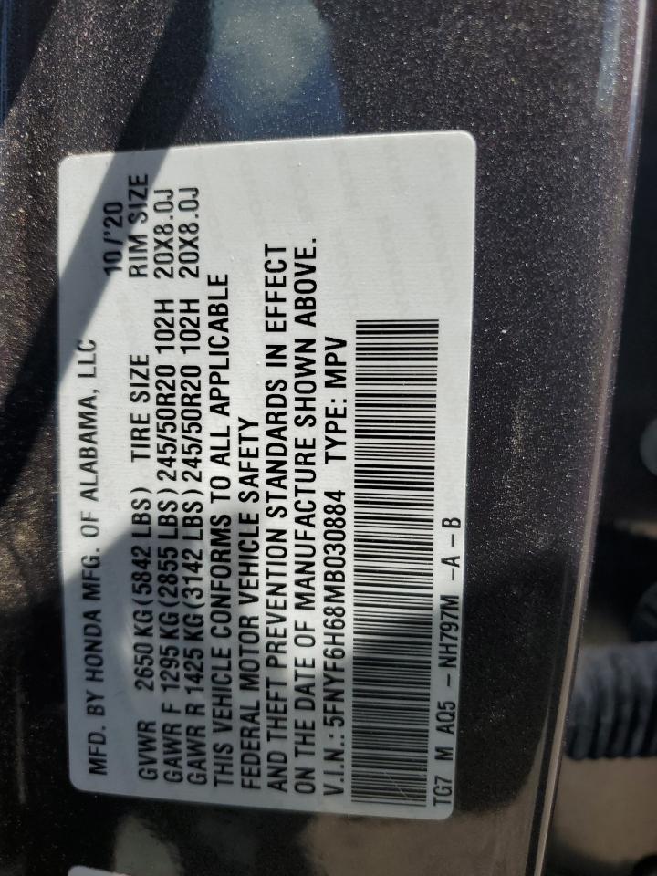 2021 Honda Pilot Touring VIN: 5FNYF6H68MB030884 Lot: 64454805