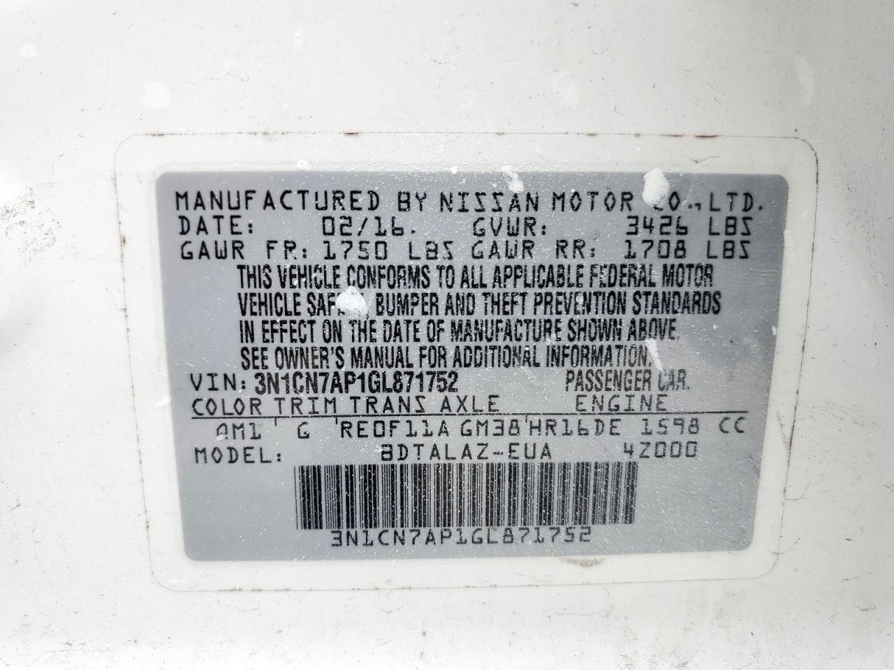 2016 Nissan Versa S VIN: 3N1CN7AP1GL871752 Lot: 65260495
