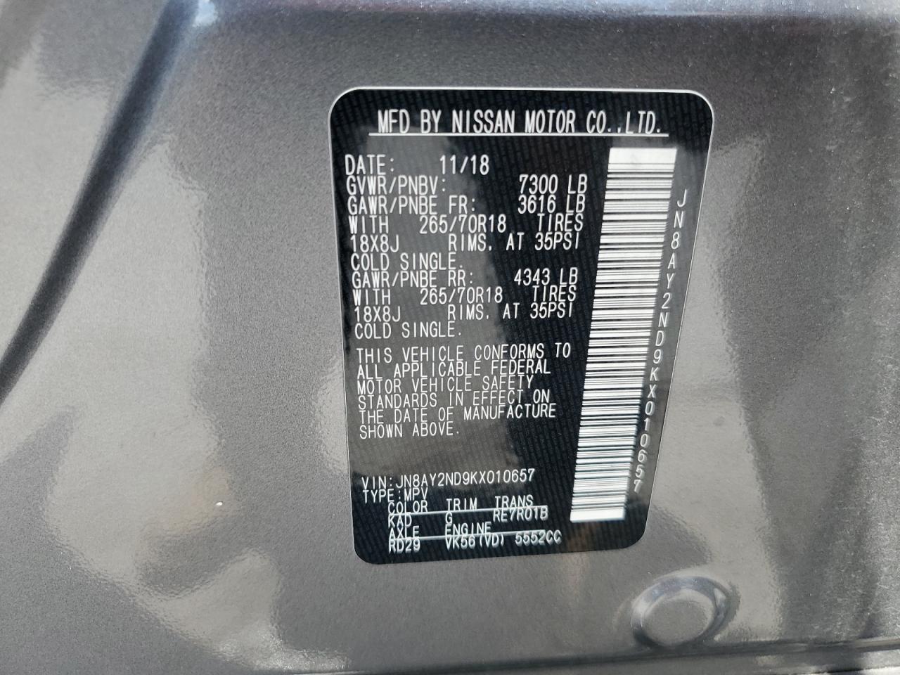 2019 Nissan Armada Sv VIN: JN8AY2ND9KX010657 Lot: 64070735
