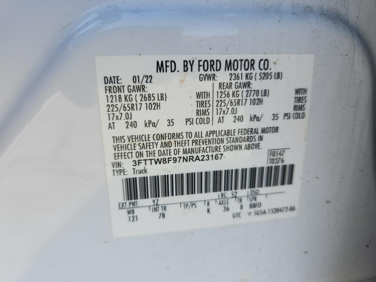 2022 Ford Maverick Xl VIN: 3FTTW8F97NRA23167 Lot: 63805825