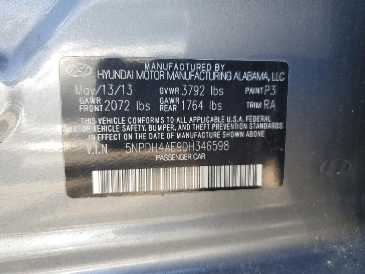 2013 Hyundai Elantra Gls VIN: 5NPDH4AE9DH346598 Lot: 65207395