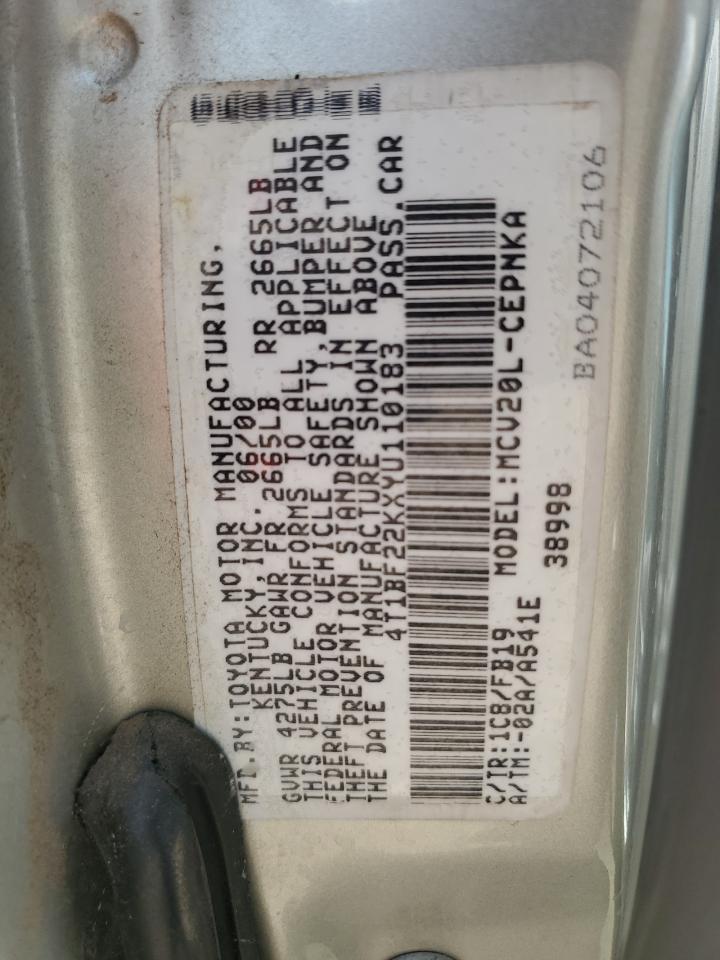 2000 Toyota Camry Le VIN: 4T1BF22KXYU110183 Lot: 64993245