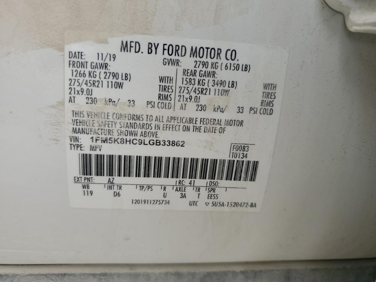 2020 Ford Explorer Platinum VIN: 1FM5K8HC9LGB33862 Lot: 65216245