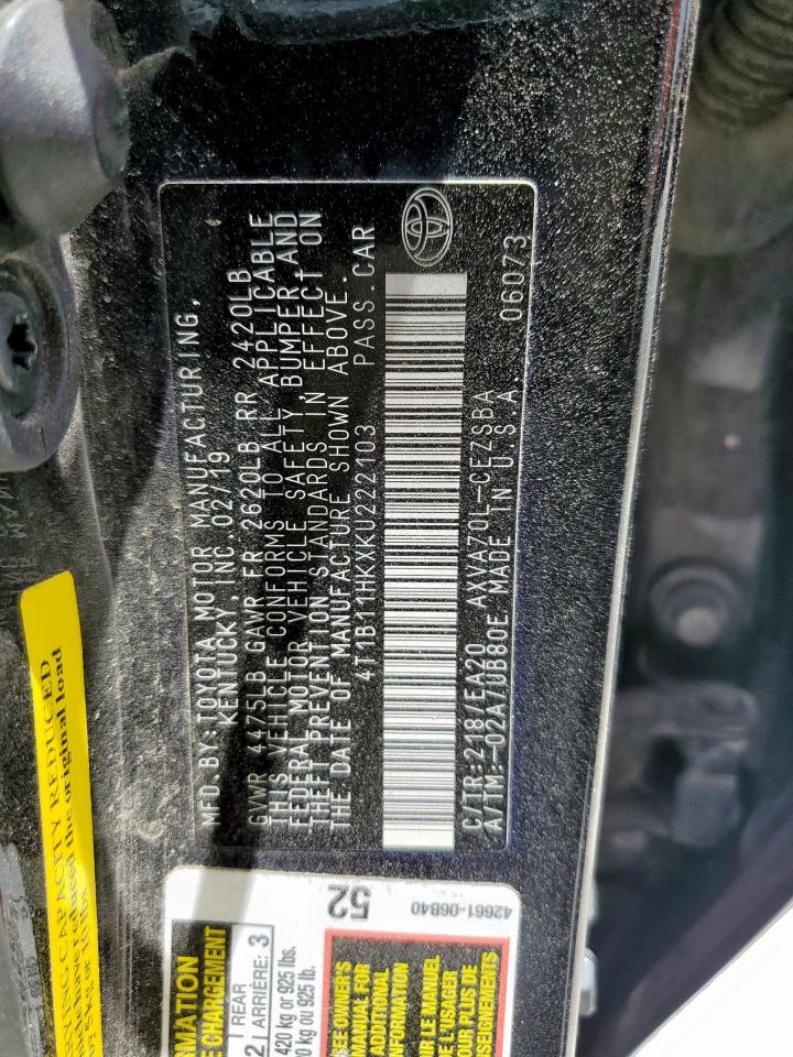 2019 Toyota Camry L VIN: 4T1B11HKXKU222103 Lot: 65081035