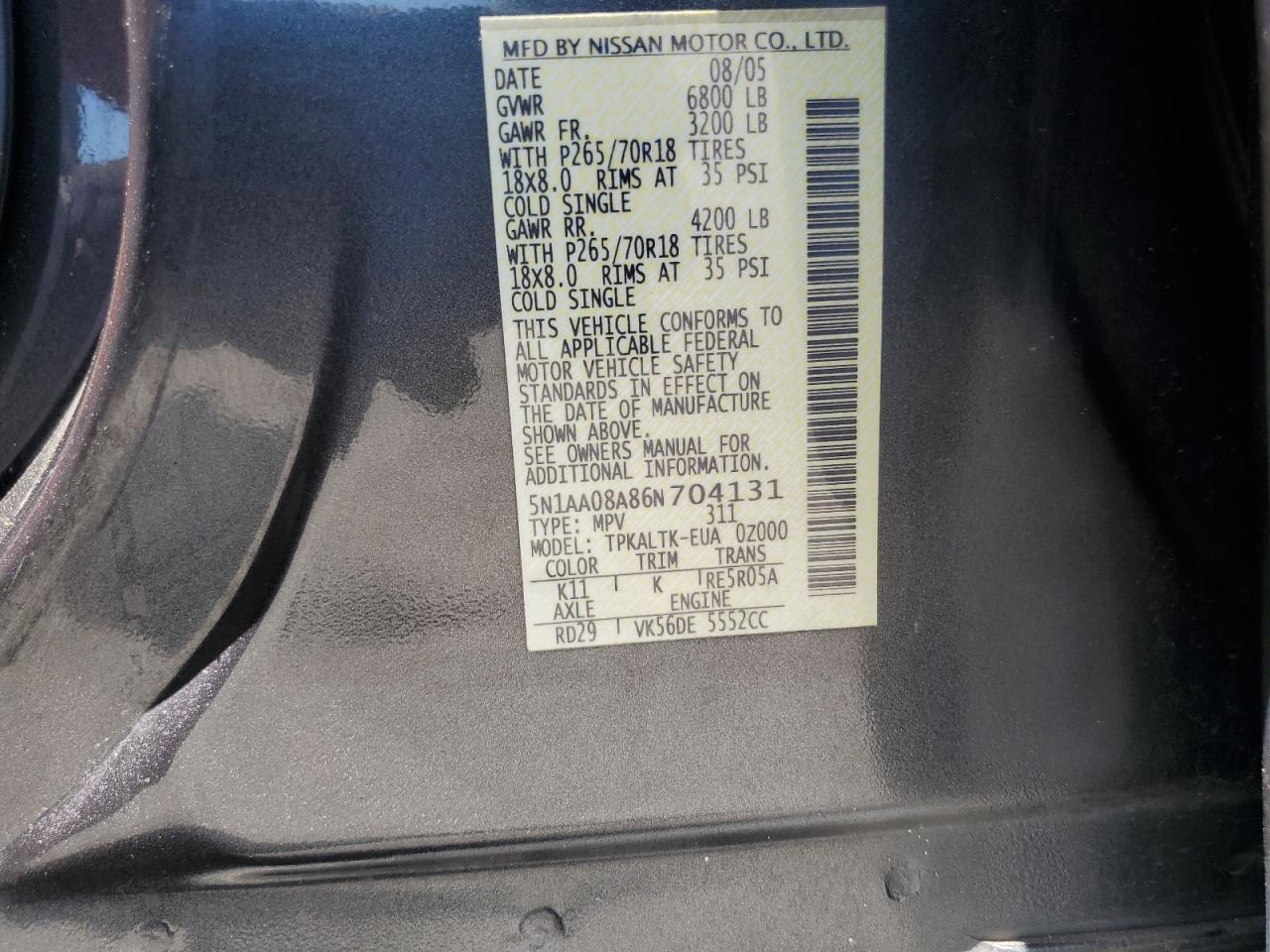 2006 Nissan Armada Se VIN: 5N1AA08A86N704131 Lot: 64066055