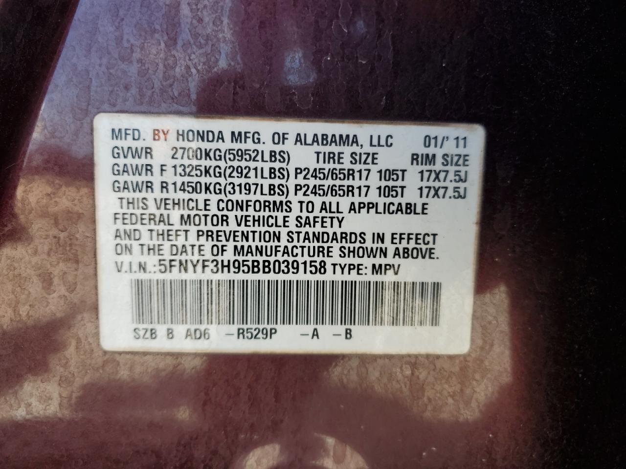 2011 Honda Pilot Touring VIN: 5FNYF3H95BB039158 Lot: 64666805