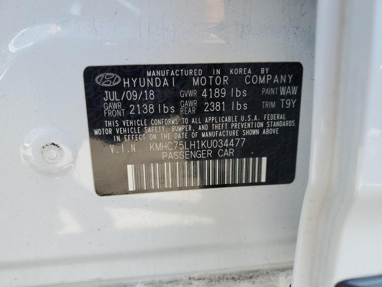 2019 Hyundai Ioniq VIN: KMHC75LH1KU034477 Lot: 65454025