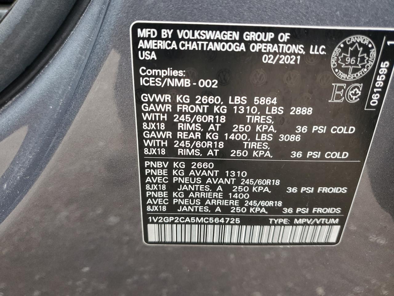 2021 Volkswagen Atlas S VIN: 1V2GP2CA5MC564725 Lot: 65402525