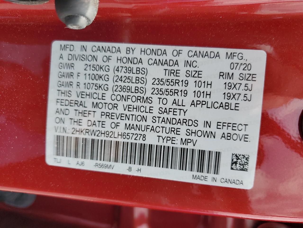 2020 Honda Cr-V Touring VIN: 2HKRW2H92LH657278 Lot: 64062365
