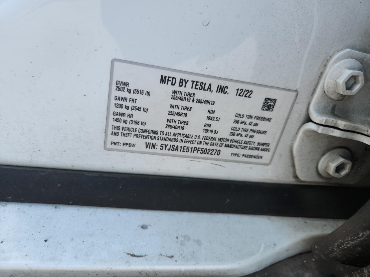 2023 Tesla Model S VIN: 5YJSA1E51PF502270 Lot: 66092515