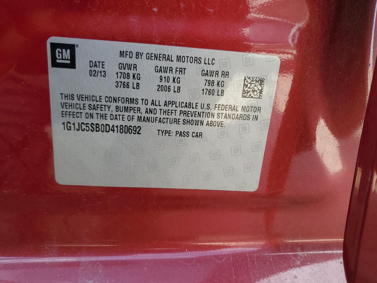 2013 Chevrolet Sonic Lt VIN: 1G1JC5SB0D4180692 Lot: 64288815