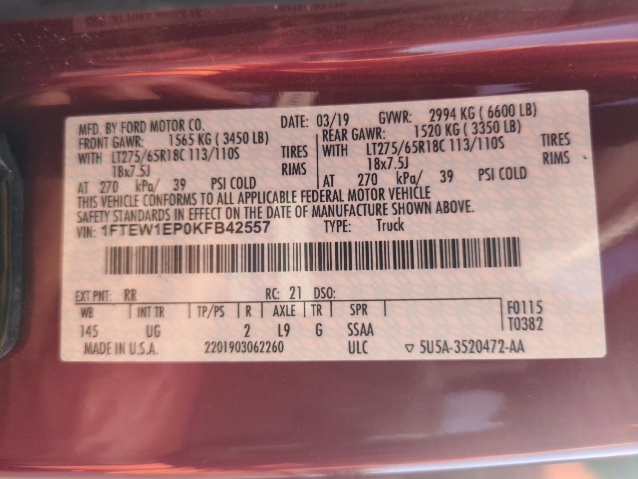 2019 Ford F150 Supercrew VIN: 1FTEW1EP0KFB42557 Lot: 63561035