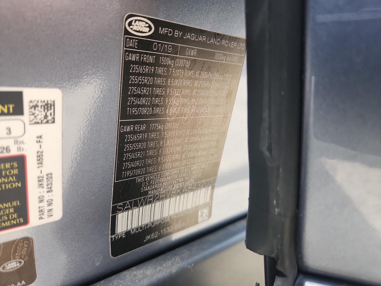 2019 Land Rover Range Rover Sport Hse VIN: SALWR2RV8KA843203 Lot: 64931445