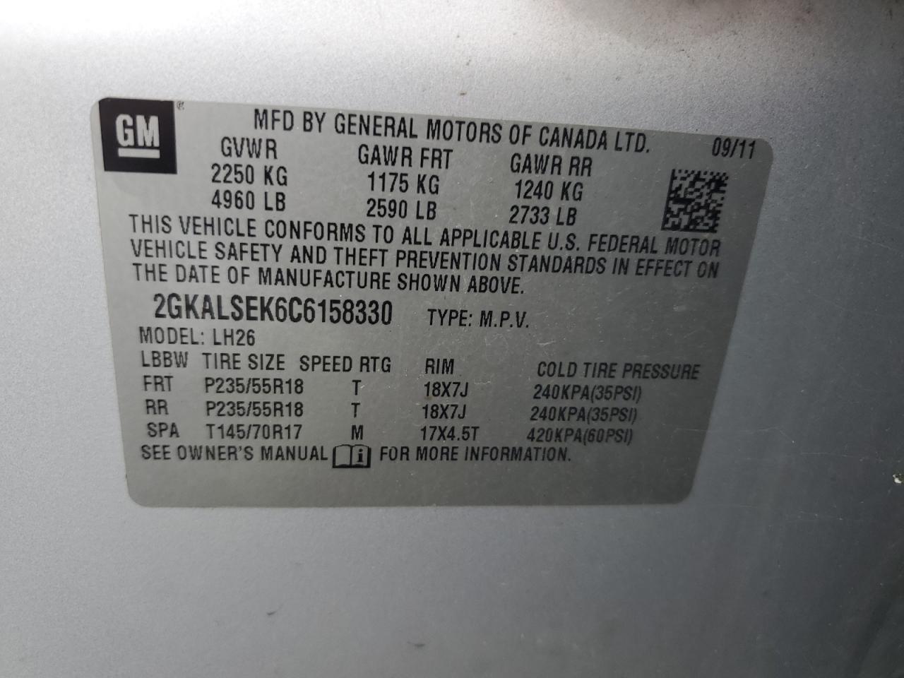 2012 GMC Terrain Sle VIN: 2GKALSEK6C6158330 Lot: 63609745