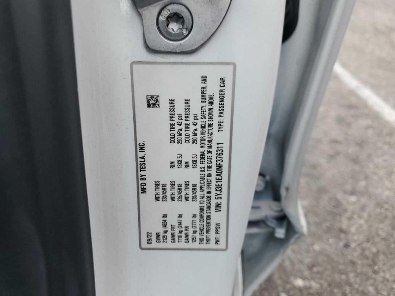 2022 Tesla Model 3 VIN: 5YJ3E1EA0NF376311 Lot: 65199735
