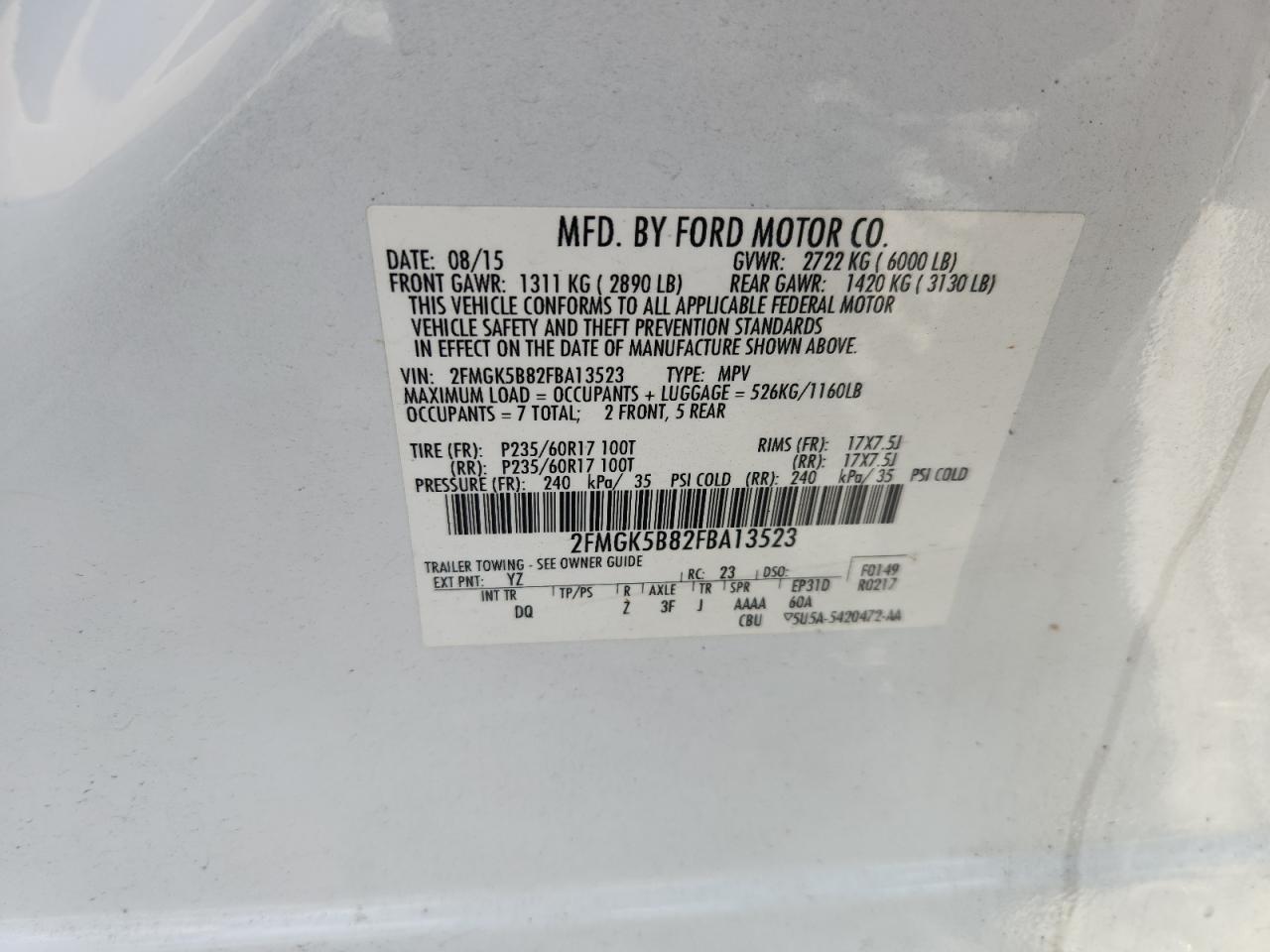 2015 Ford Flex Se VIN: 2FMGK5B82FBA13523 Lot: 63844425