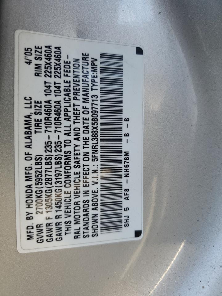 2005 Honda Odyssey Touring VIN: 5FNRL388X5B097713 Lot: 60722985