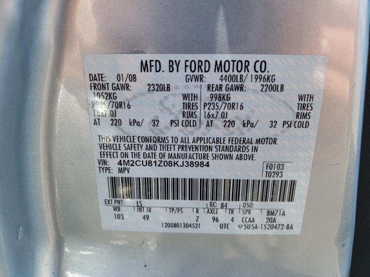 2008 Mercury Mariner VIN: 4M2CU81Z08KJ38984 Lot: 64676545