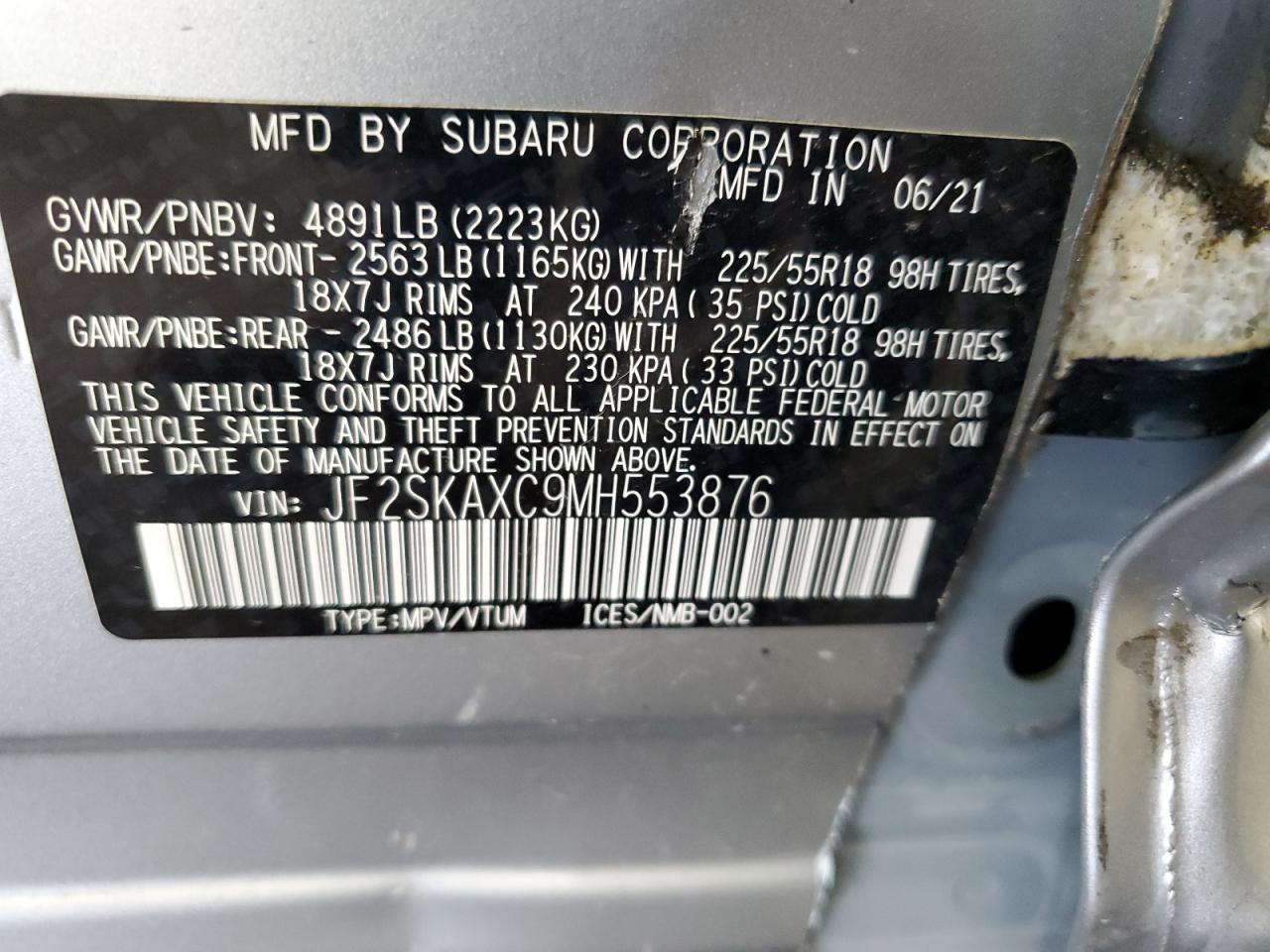 2021 Subaru Forester Touring VIN: JF2SKAXC9MH553876 Lot: 64818975