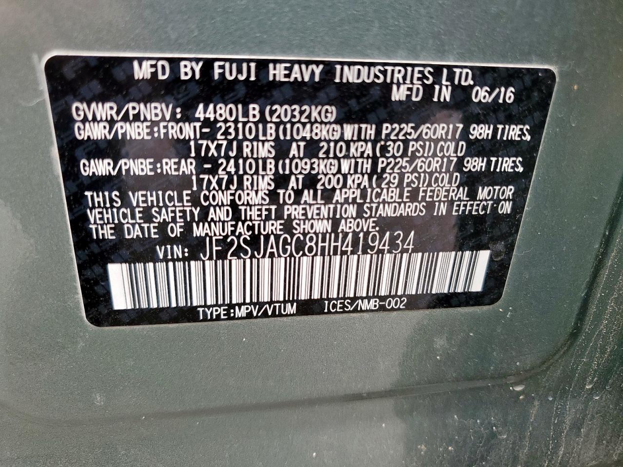 2017 Subaru Forester 2.5I Premium VIN: JF2SJAGC8HH419434 Lot: 62728415