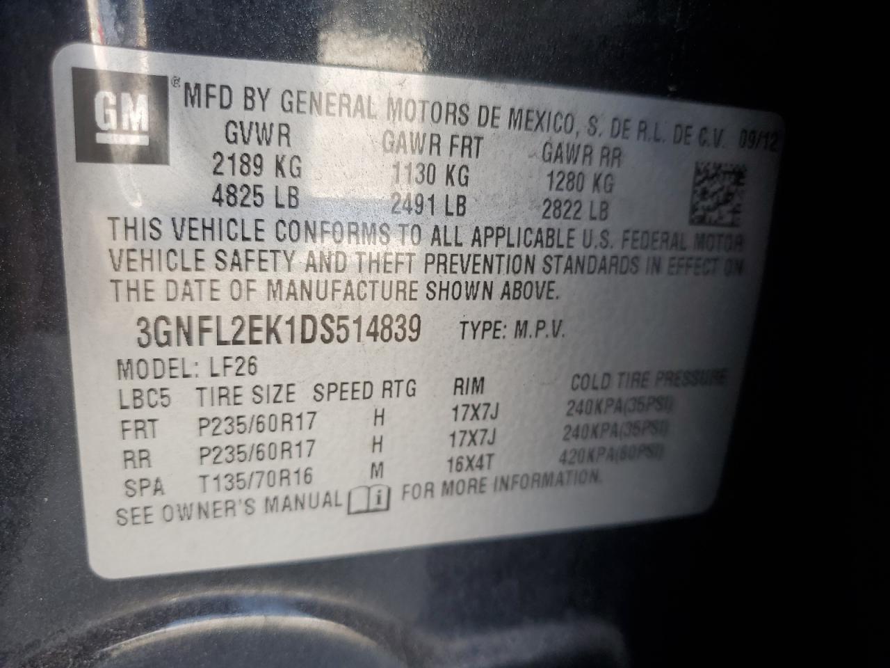 2013 Chevrolet Captiva Ls VIN: 3GNFL2EK1DS514839 Lot: 63512935