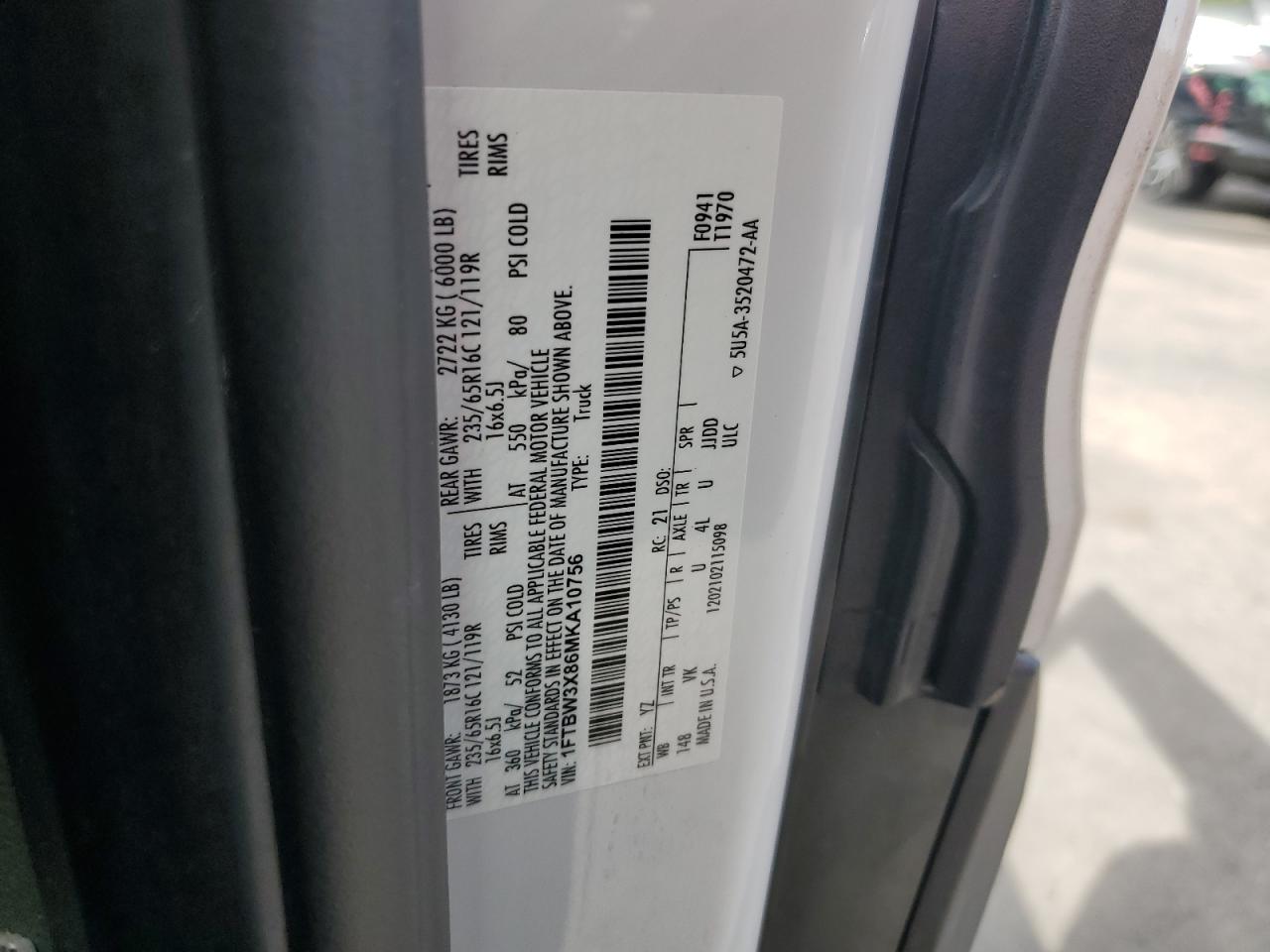 2021 Ford Transit T-350 VIN: 1FTBW3X86MKA10756 Lot: 66323465