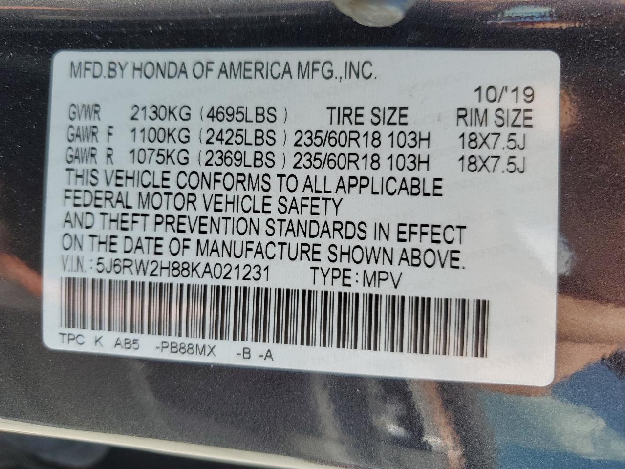 2019 Honda Cr-V Exl VIN: 5J6RW2H88KA021231 Lot: 63899255