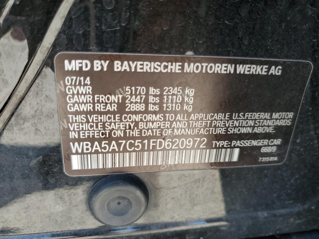 2015 BMW 528 Xi VIN: WBA5A7C51FD620972 Lot: 62396265