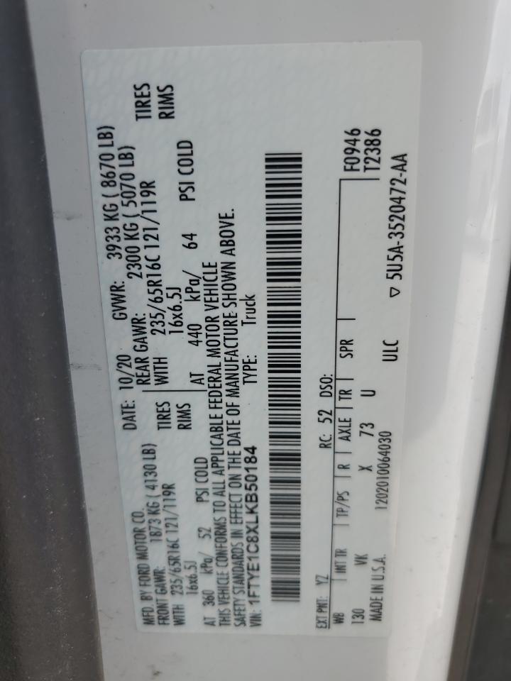 2020 Ford Transit T-150 VIN: 1FTYE1C8XLKB50184 Lot: 64964235
