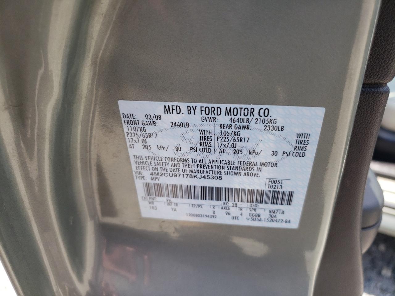 2008 Mercury Mariner Premier VIN: 4M2CU97178KJ45308 Lot: 64947075