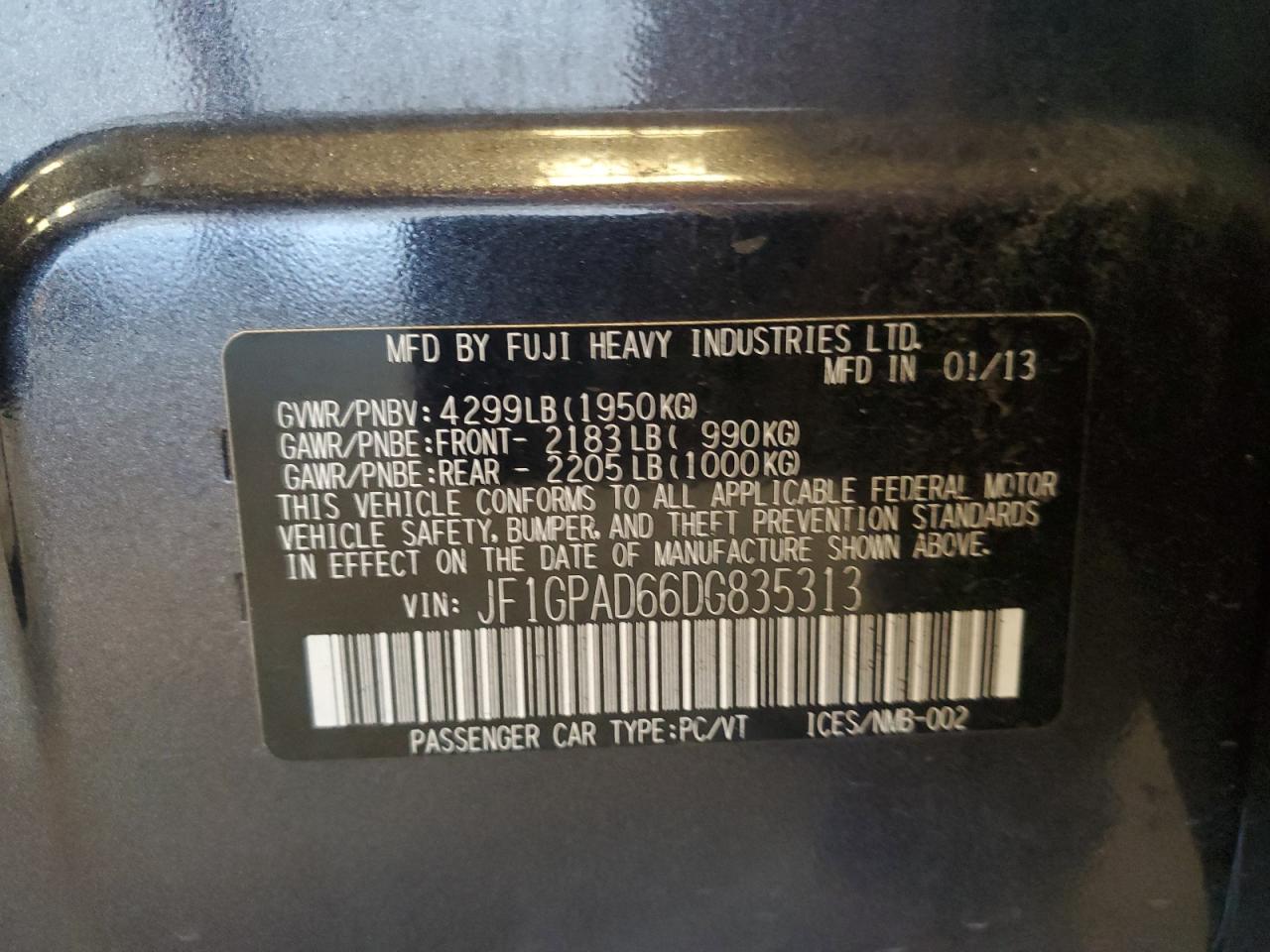 2013 Subaru Impreza Premium VIN: JF1GPAD66DG835313 Lot: 64227395