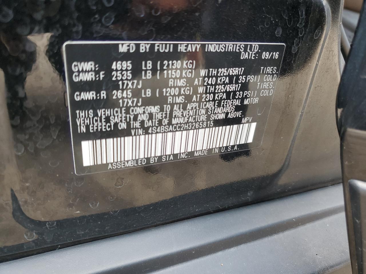 2017 Subaru Outback 2.5I Premium VIN: 4S4BSACC2H3265815 Lot: 63984925