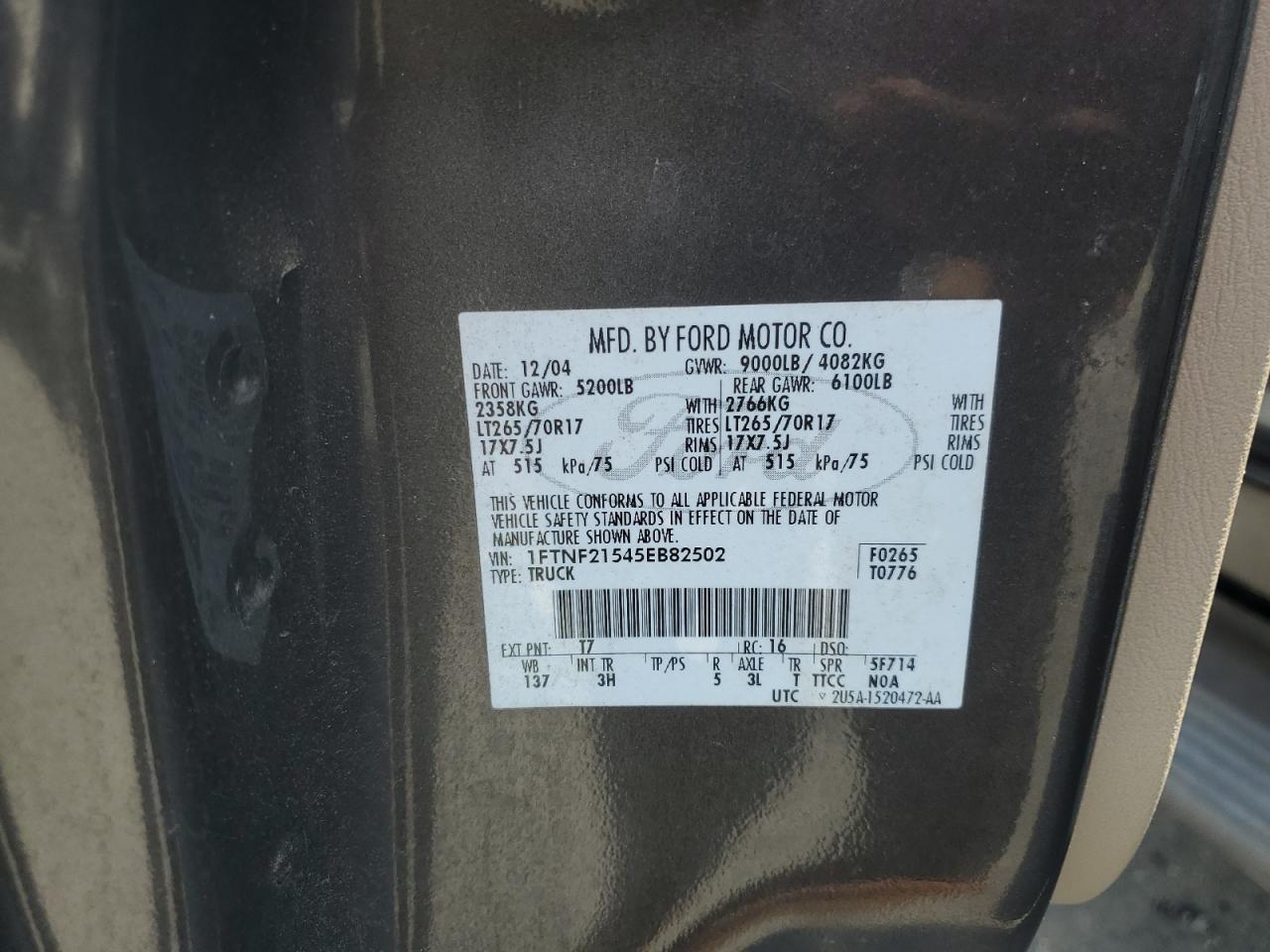 2005 Ford F250 Super Duty VIN: 1FTNF21545EB82502 Lot: 66266885