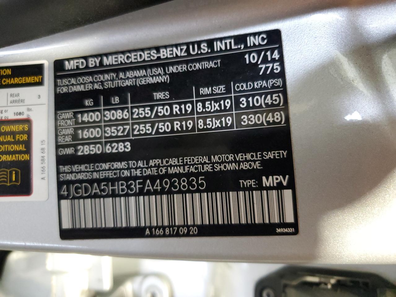 2015 Mercedes-Benz Ml 350 4Matic VIN: 4JGDA5HB3FA493835 Lot: 65008435