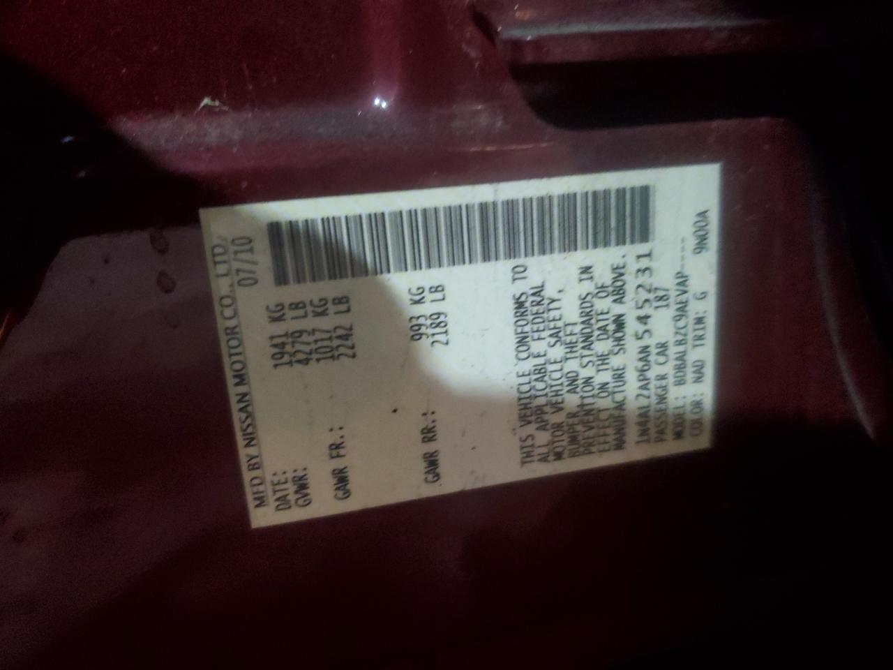 2010 Nissan Altima Base VIN: 1N4AL2AP6AN545231 Lot: 63372065