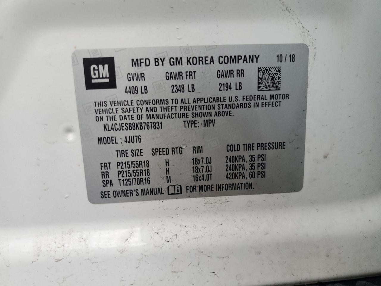 2019 Buick Encore Preferred VIN: KL4CJESB8KB767831 Lot: 63651915