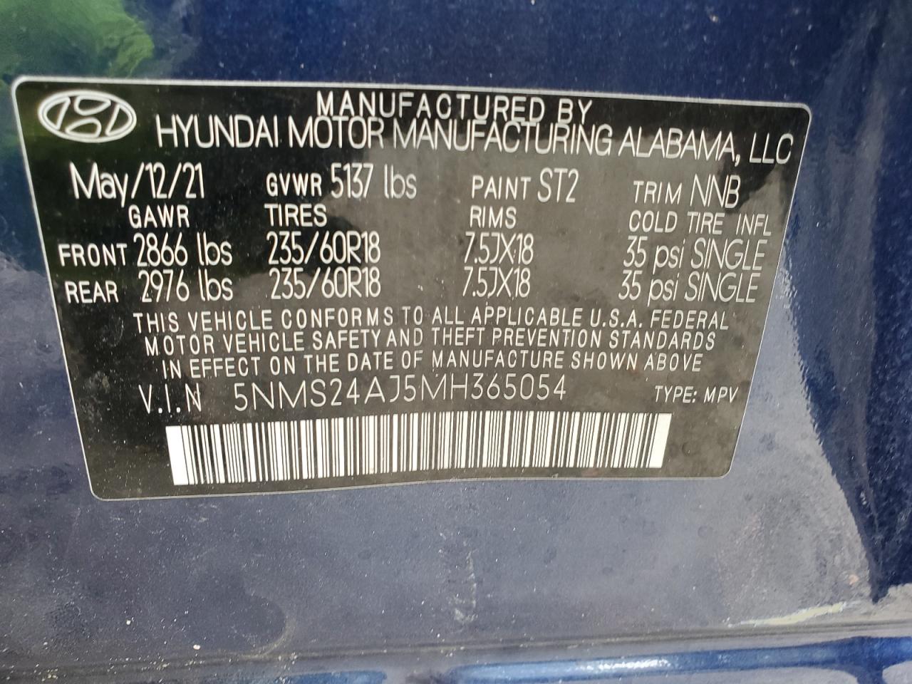 2021 Hyundai Santa Fe Sel VIN: 5NMS24AJ5MH365054 Lot: 64047475