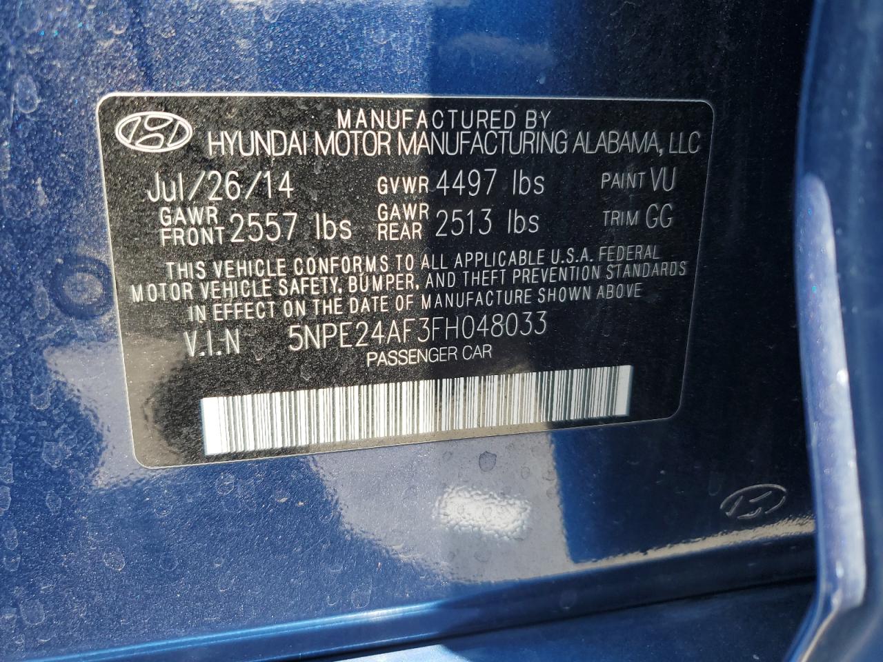 2015 Hyundai Sonata Se VIN: 5NPE24AF3FH048033 Lot: 64990135