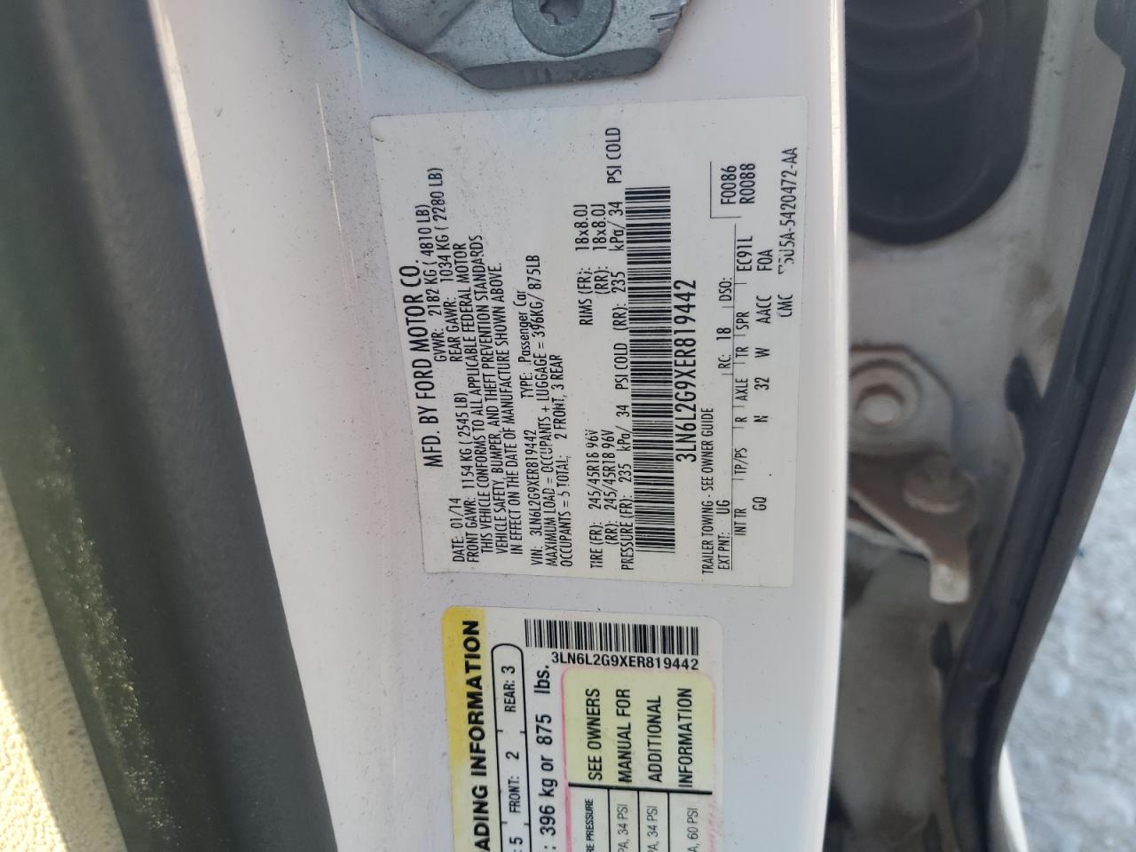 2014 Lincoln Mkz VIN: 3LN6L2G9XER819442 Lot: 63713075