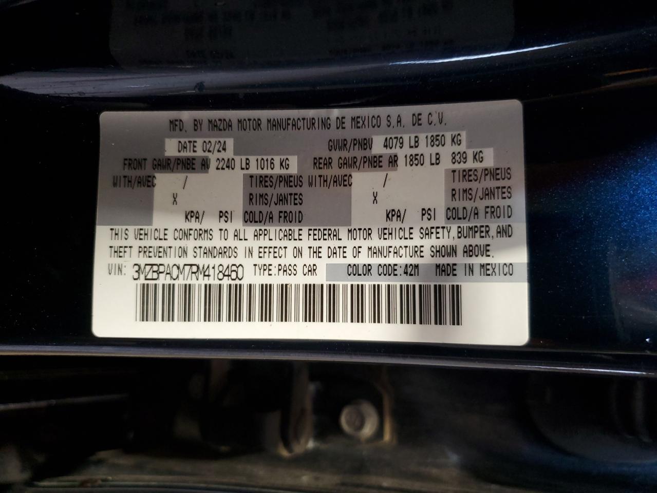 2024 Mazda 3 Preferred VIN: 3MZBPACM7RM418460 Lot: 64740605