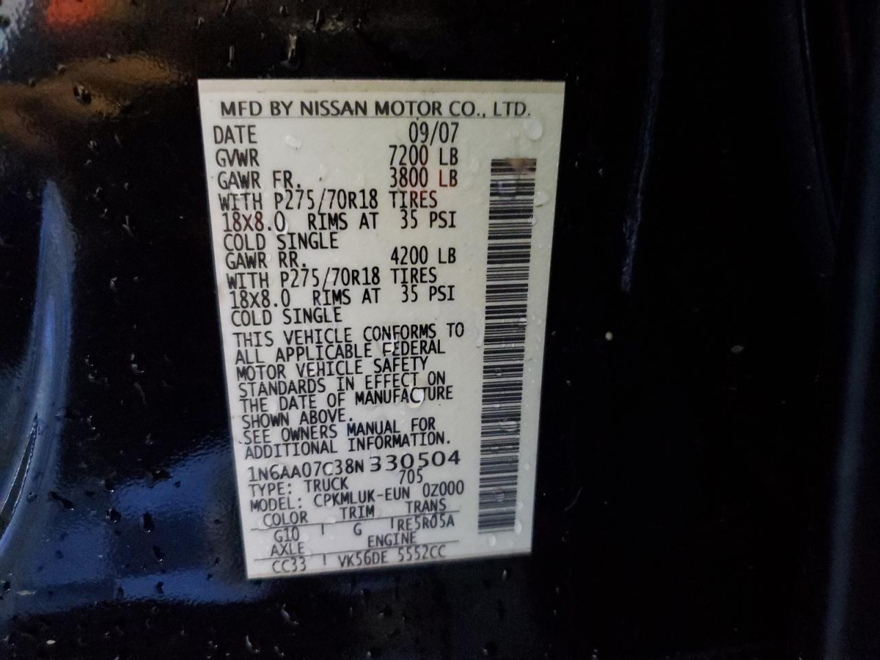 2008 Nissan Titan Xe VIN: 1N6AA07C38N330504 Lot: 64756825