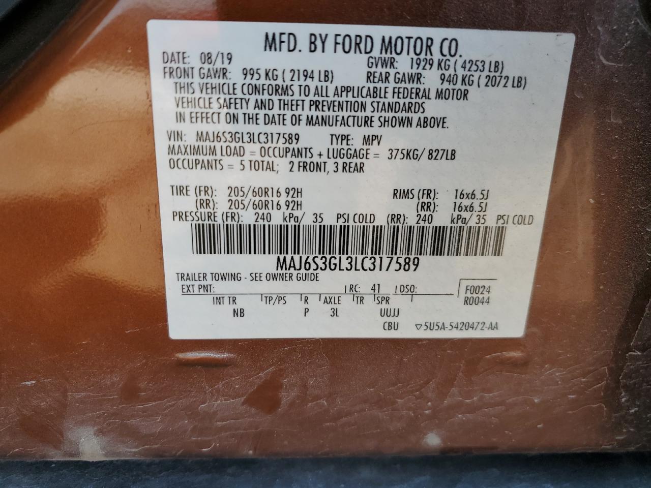 2020 Ford Ecosport Se VIN: MAJ6S3GL3LC317589 Lot: 63509865
