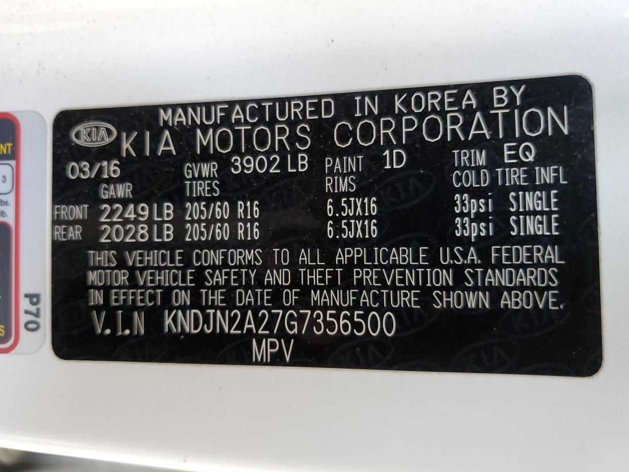 2016 Kia Soul VIN: KNDJN2A27G7356500 Lot: 64331465