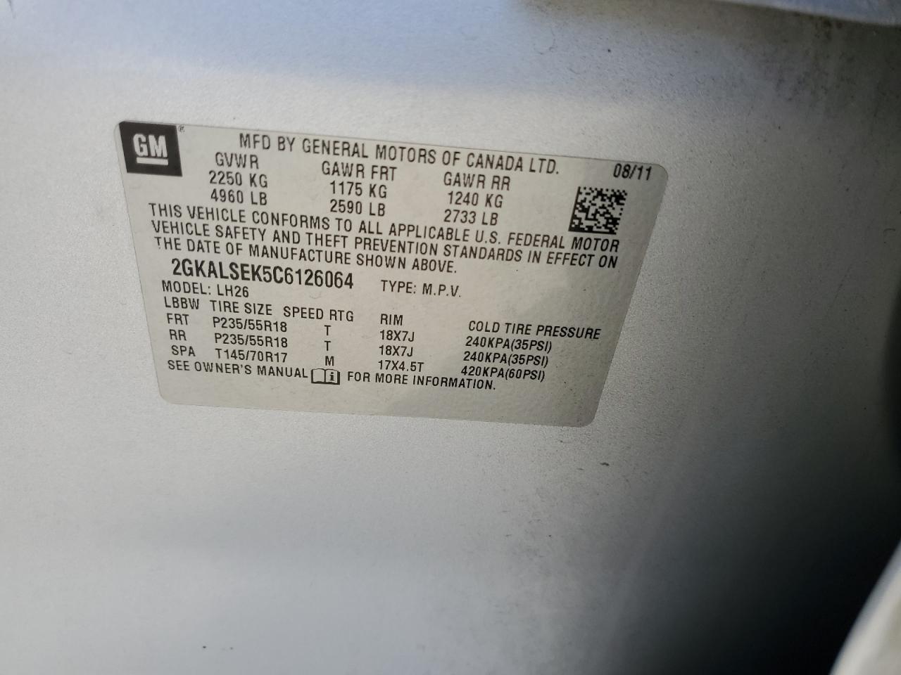 2012 GMC Terrain Sle VIN: 2GKALSEK5C6126064 Lot: 63125255