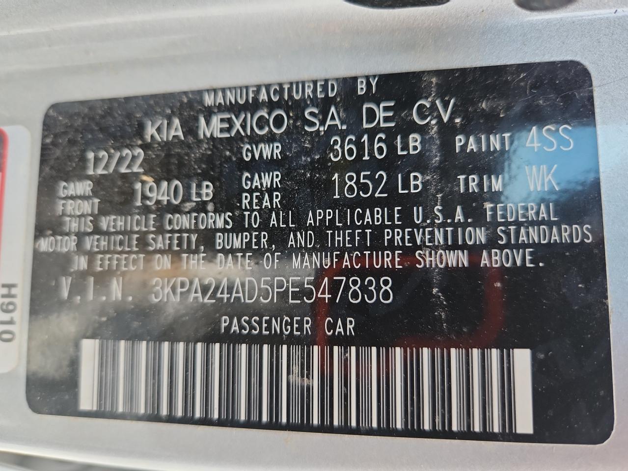 2023 Kia Rio Lx VIN: 3KPA24AD5PE547838 Lot: 65057195