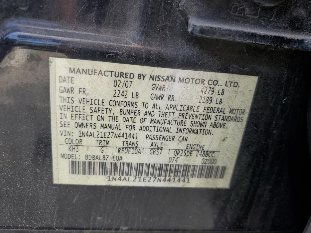 2007 Nissan Altima 2.5 VIN: 1N4AL21E27N441441 Lot: 62067055
