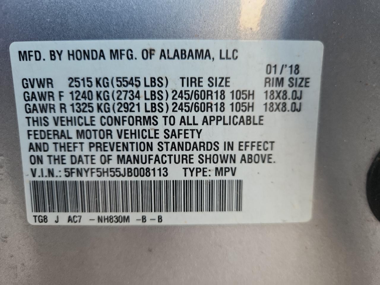 2018 Honda Pilot Exl VIN: 5FNYF5H55JB008113 Lot: 64248485